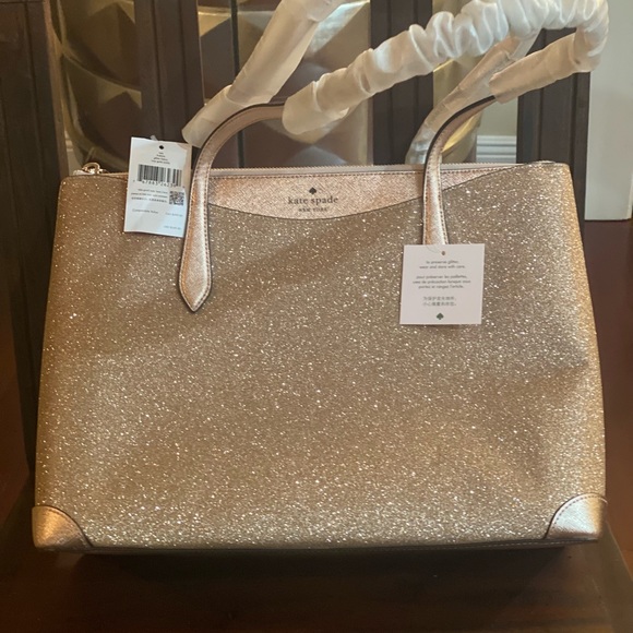 🩷🔥NWT KATE SPADE EXTRA LARGE ROSE GOLD GLITTER TOTE + FREE NWT KATE SPADE TOTE❣️ - Picture 7 of 12
